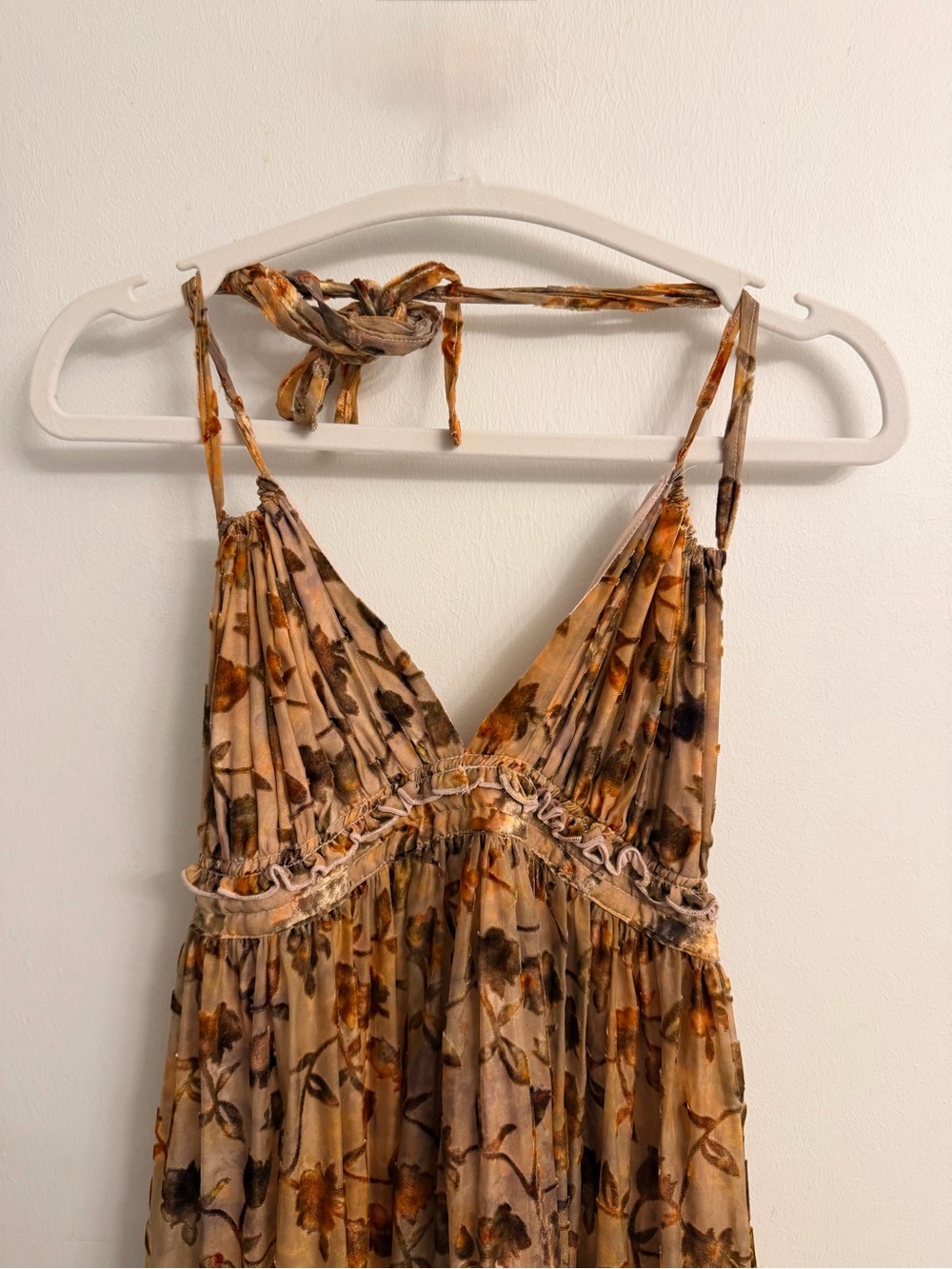 NWT $198 Free People Beige & Brown Leaves Low Back Tiered Halterdress - Picture 5 of 9